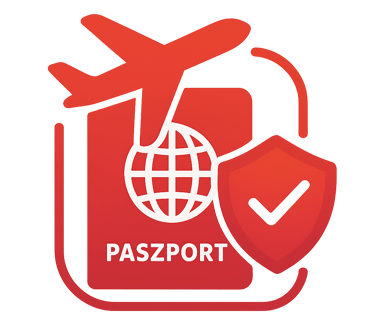 Samolot, paszport i tarcza – ikona ubezpieczenia turystycznego