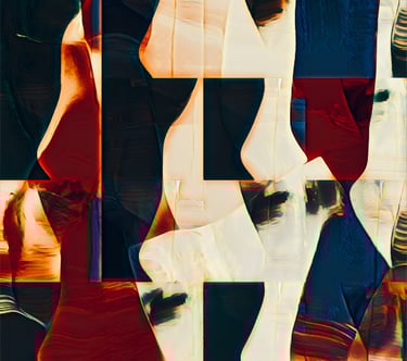 Artwork called Pieces by Fermionne with shards of information in beige, gold and blue tones. 