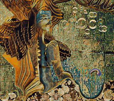 Artwork called Goldfish by Fermionne with golden mermaid traversing through an ocean of information.