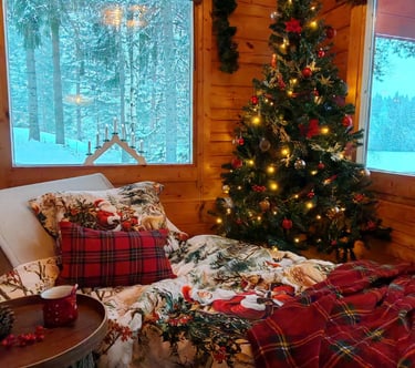 a bedroom with a christmas tree in the background