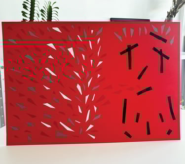 imagem da obra feita de fitas isolante de cores branca, prata, vermelha e preta sobre papel de fundo vermelho.