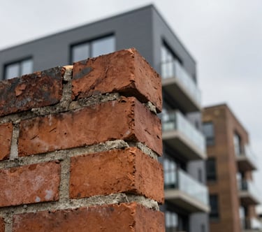 Macro close-up of a construction defect showing misaligned brickwork and compromised mortar joints on a modern London apartment exterior, overcast daylight.
