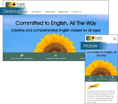 Desktop and mobile screenshot of EATW homepage to show mobile responsiveness and the change in layout