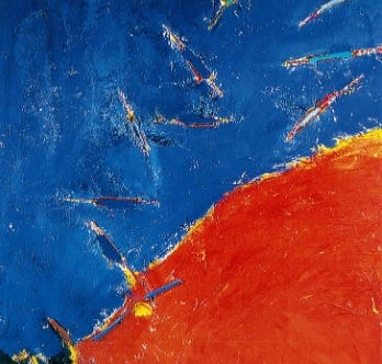 une peinture d'un ciel rouge et bleu