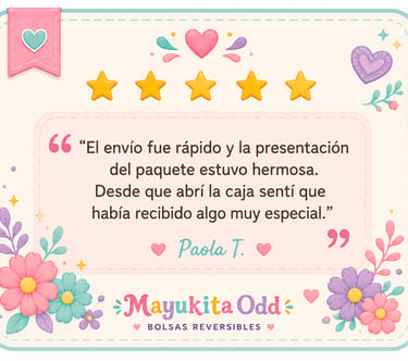 Opinión de cliente sobre los bolsos reversibles Mayukita Odd, con una calificación de cinco estrella