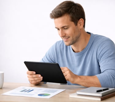 person reviewing financial data and credit score trends on a laptop at home