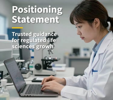 A confident consultant discussing growth strategies with a life sciences team in a bright, modern office.