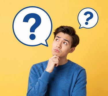 3D glossy question mark with a purple and yellow gradient on a matching yellow background.