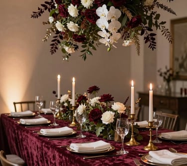 Intimate birthday celebration tablescape, jewel-toned velvet linens and brass candle holders on a long table, overhead floral installation in deep burgundy and ivory blooms, warm ambient lighting from the left