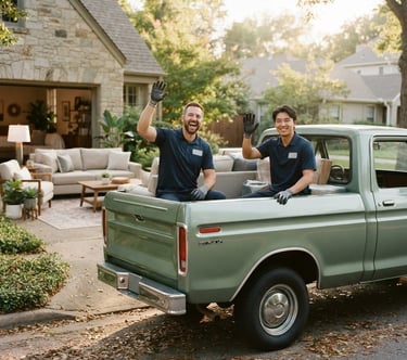 Warm, natural daylight, medium shot of a clean, sage green OTF Pick Up truck with two friendly team members in uniform smiling and waving from the truck bed, a neatly arranged living room furniture set visible in the background, candid human interaction, 35mm lens.