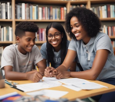 A caring mentor helping a foster youth with homework in a cozy, welcoming setting.