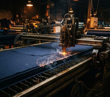 Industrial editorial photography of a heavy-duty laser fabric cutter slicing through deep navy textile rolls, dramatic high-contrast factory lighting with warm amber highlights, sharp macro details, 35mm lens