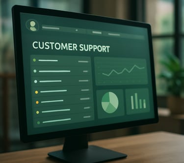 A close-up of a high-tech customer support dashboard on a screen, professional and clean interface with soft green lighting, in a modern Southeast Asian / Indonesian office setting.