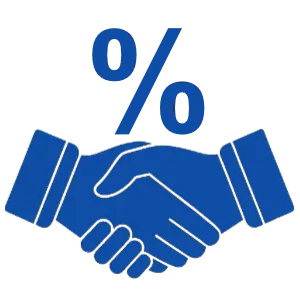 2 ritade blåa händer skakar hand med en symbol för procent ovanför.