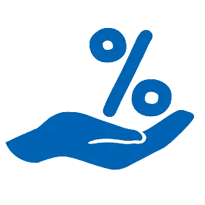 En blå ritad hand håller en blå symbol för procent.