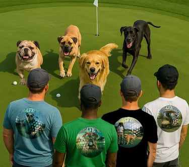 Fun graphic golf shirts with dogs having fun on a golf course