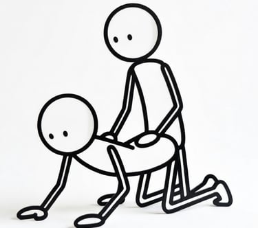 A sticmman on hands and knees and a stickman behind him with hands on back