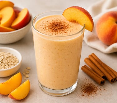 Fresh peach protein smoothie in a glass with cinnamon, oats, and sliced peaches.