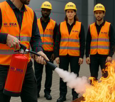 a man in a safety vest is using a fire extinguisher