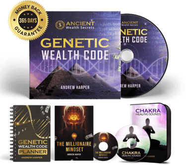 Genetic Wealth Code program bundle by Andrew Harper including books, planner, and chakra healing sound CDs.