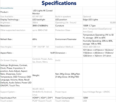 specifications of c curved screens in claratech
