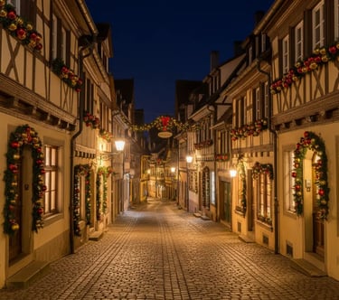 A narrow, cobblestone street in the historic German town of Rothenburg ob der Tauber at night. The t