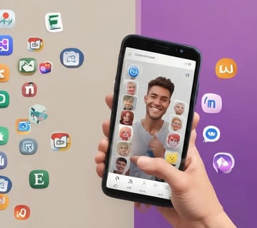 Uma mão segurando um smartphone usando um aplicativo de filtro facial, com ícones de redes sociais 