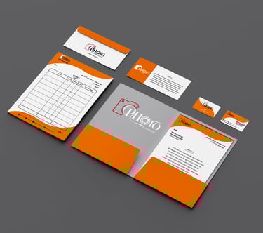 تصميم هوية بصرية كاملة لشركة تصوير فوتوغرافي في السعودية، تتضمن كروت عمل احترافية، ورق رسمي، أظرف، و