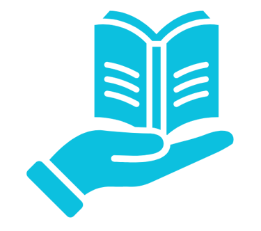 Ícono azul de una mano con un libro abierto que representa la educación financiera y el aprendizaje