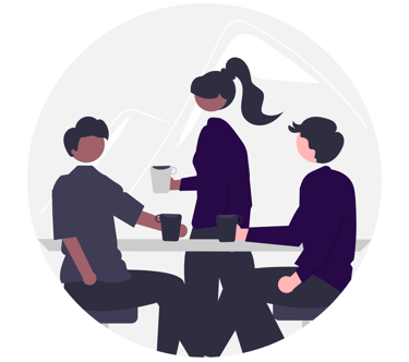 Three people conversation over coffee.