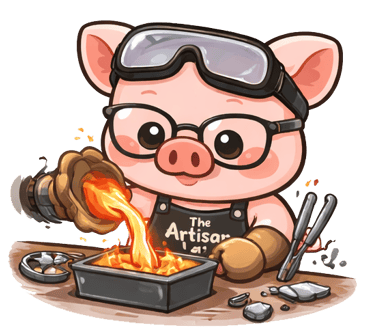 The Artisan Lab Designs mascot Milo is hand pouring the silver into a ingot mold