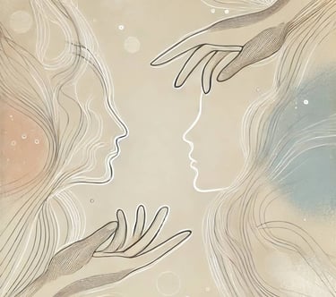 dois rostos se olhando e duas mãos se buscando, representando o encontro e acolhimento psicológico 
