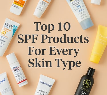 Flat lay of top 10 SPF sunscreen products arranged on a peach background, featuring brands like Supe