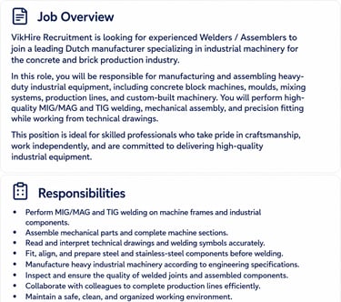 Welder Jobs Netherlands – Job overview/Responsabilities