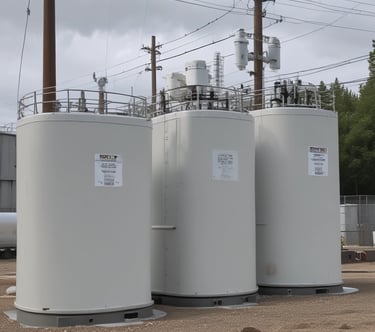 Close-up of a redox flow battery system showing two separate liquid fuel tanks.
