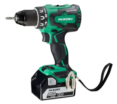 HiKOKI 18V brushless cordless drill driver with 5.0Ah lithium-ion battery on white background.