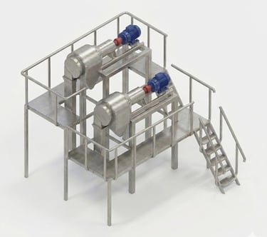 Industrial stainless steel platform with two large centrifugal pumps and access stairs for factory processing.