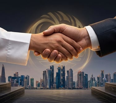 Professional handshake between business partners with the Doha Qatar skyline and a golden logo in the background.