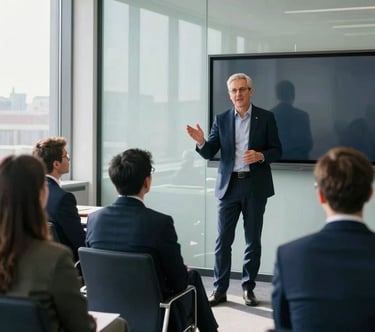 Wide environmental shot of a sales professional mid-presentation in a glass-walled boardroom, gesturing toward a large screen, colleagues attentive, natural north-facing daylight flooding from the left, deep navy chairs in foreground, subject placed right of center with open space to the left