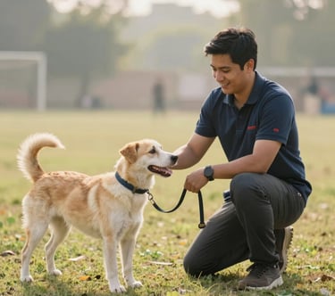A happy dog sitting attentively with its trainer in a sunny park in Kolkata.
