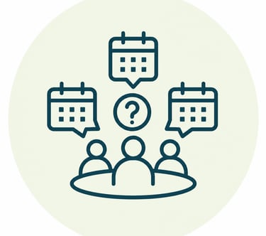 Line art icon showing a group of people scheduling a meeting using calendar speech bubbles.