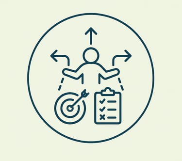 Strategic business planning icon showing a person making decisions with a target and task checklist.
