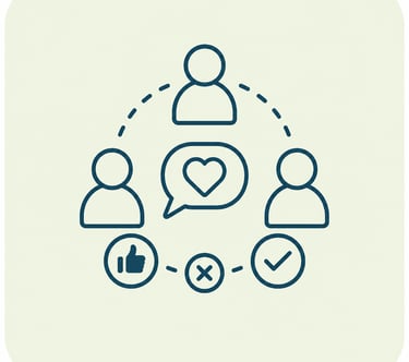Line art icon showing social media engagement with user profiles, heart speech bubble, and reaction symbols.