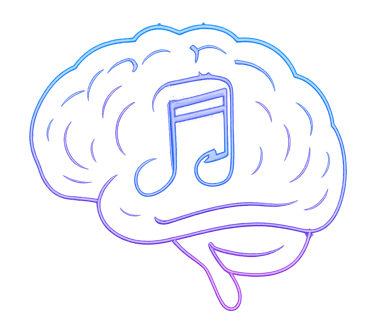 A neon illustration of a human brain with a musical note icon at its center, glowing in vibrant shades of blue and purple.