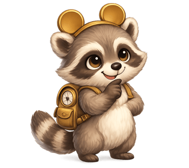 Cute cartoon raccoon character wearing a golden headset and backpack on a black background.