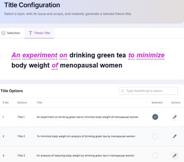 Screenshot of a thesis title generator interface showing research topic options for green tea and weight loss.