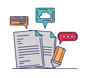 paper reports and highlighter with thought bubbles