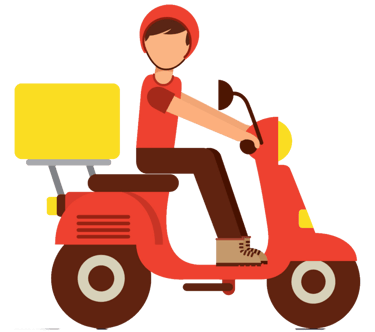 A delivery man in a red shirt and helmet riding a red scooter with a yellow cargo box.