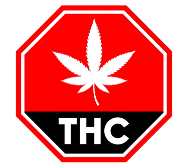 Red stop sign icon with a white cannabis leaf and THC text for marijuana product labeling.