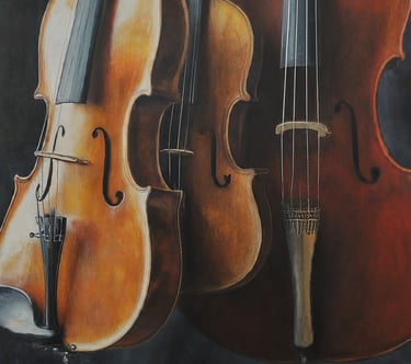 An image of a viola, violin, and cello together.